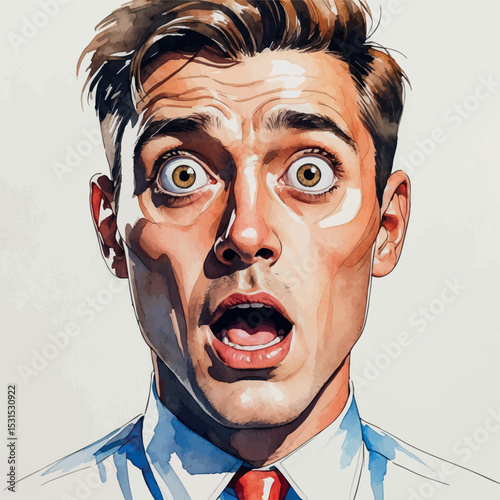 Shocked man portrait. Watercolor reaction in dynamic expressive lines.