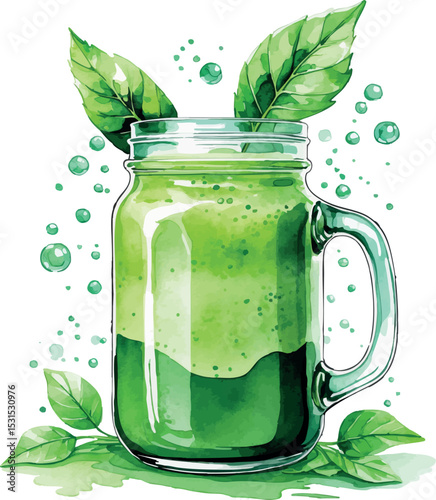 Green smoothie watercolor vector. Healthy drink illustration in jar with leaf garnish.