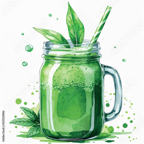 Green smoothie watercolor vector. Healthy drink illustration in jar with leaf garnish.