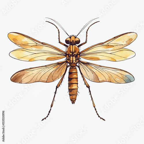 Watercolor mayfly vector. Airy insect with fragile structure and elegant linework.