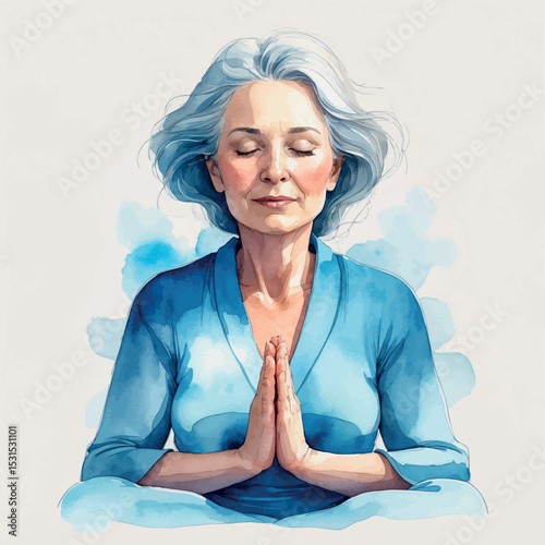 Calm woman portrait. Watercolor meditation scene in peaceful tones.