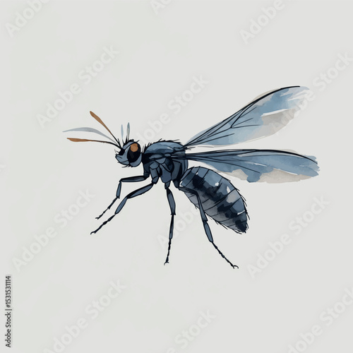 Midge watercolor vector. Minimal flying insect with airy motion and artistic brush texture.