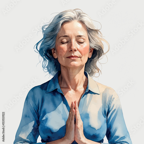Calm woman portrait. Watercolor meditation scene in peaceful tones.
