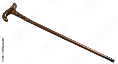 An ornate wooden walking cane a symbol of elegance and support featuring detailed carvings on on transparent background