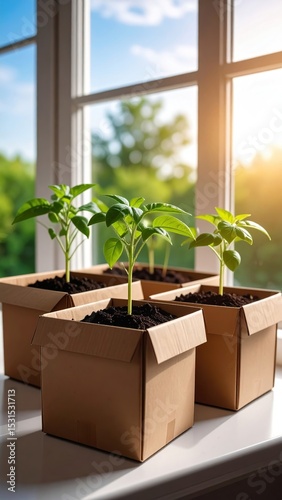 Seedlings growing in cardboard boxes.