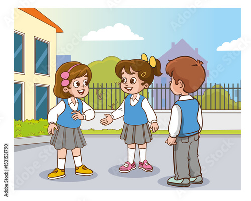 group of cute students chatting in school yard vector illustration.cute students education concept