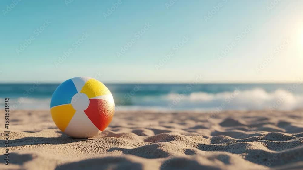 Beach ball on sand by the ocean on a sunny day summer vacation scene Beach ball on sand by the ocean on a sunny day summer vacation scene