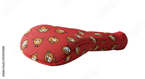 Adorable red golf club cover with playful cartoon bears adding a touch of whimsy to your game on transparent background