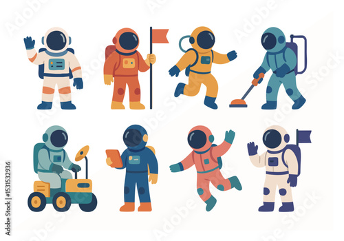 Vector set of astronauts in colorful suits performing various space tasks like exploring, analyzing, and driving. Perfect for science visuals, kids’ illustrations, and space-themed content.