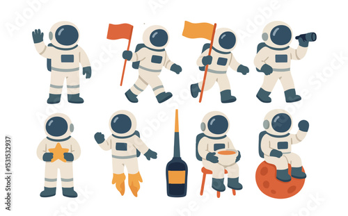 Vector set of cartoon astronauts in various space activities like walking, flag planting, and floating. Great for science content, kids’ designs, and space exploration themes.