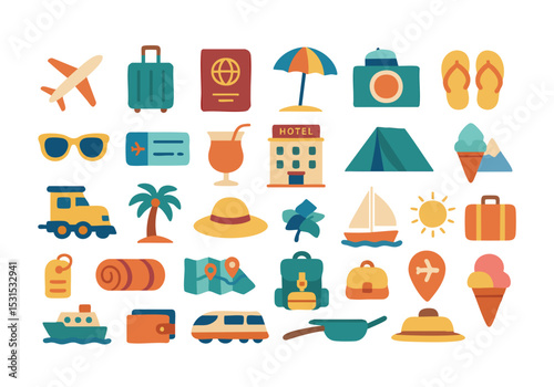 Vector set of travel and vacation icons including luggage, transport, ice cream, beach gear, maps, and hotel. Perfect for tourism, trip planning, and holiday illustrations.