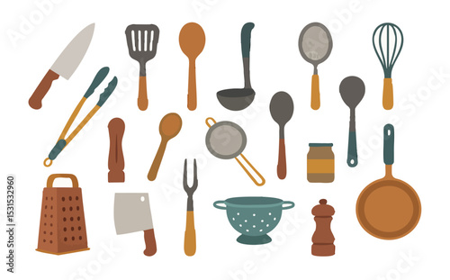 Vector set of essential kitchen utensils including spoons, whisks, graters, pans, and tongs. Ideal for cooking guides, recipe illustrations, and food-related designs.