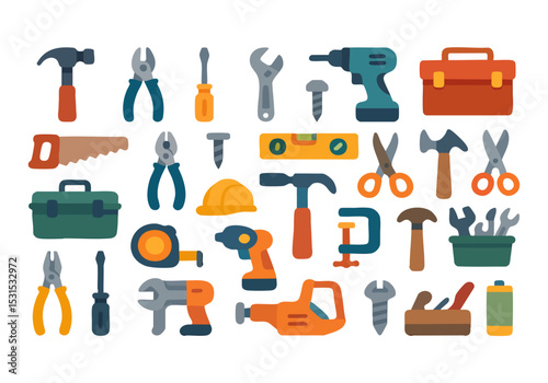 Vector set of construction and repair tools including hammers, drills, screwdrivers, pliers, and toolboxes. Perfect for handyman services, DIY projects, and hardware illustrations.