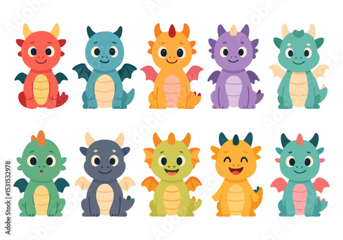 Vector set of cute baby dragons in bright colors and friendly poses. Ideal for kids’ content, fantasy themes, stickers, and magical character designs.