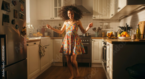 Joyful Kitchen Dance: A woman with afro hair, moves freely in her well-lit kitchen. A burst of lively and upbeat energy filled the room as she dances and enjoys her time.