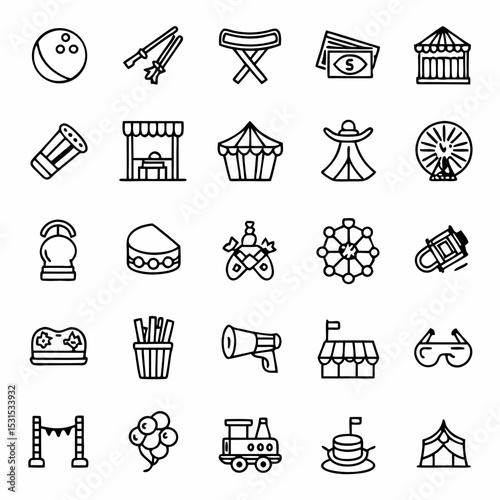 Circus fairground icons vector set amusement park funfair carnival festival entertainment outline elements design