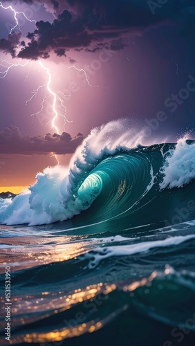 Ocean Wave with Lightning Storm, and Sunset. (1)