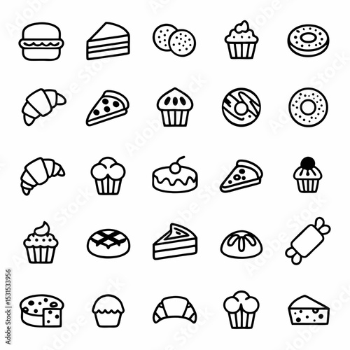 Bakery sweets and desserts icons set vector illustration with cake cupcake donut croissant and burger line art
