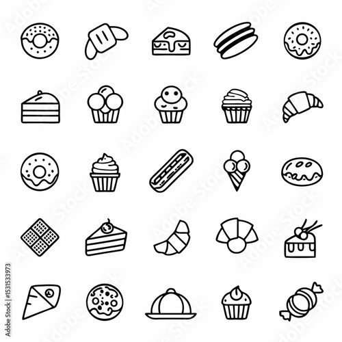 Delicious bakery vector icons set of sweet desserts including cake donut croissant cupcake and more for design projects