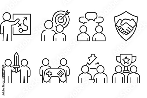 Game Collaboration Icons. Line style icons of game-based collaboration: team strategy, shared objective, group chat, alliance