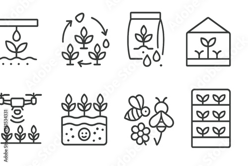 Sustainable Agriculture Icons. Line style icons of sustainable agriculture: drip irrigation, crop rotation, organic fertilizer,