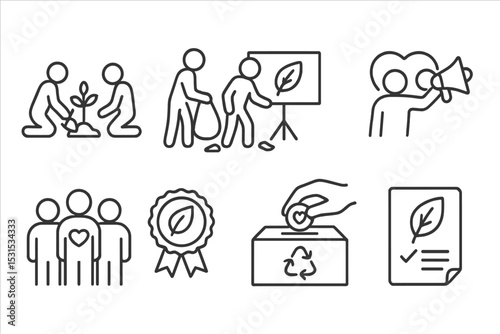 Community Eco Icons. Line style icons of community eco actions: tree planting, clean-up event, eco workshop, awareness campaign,