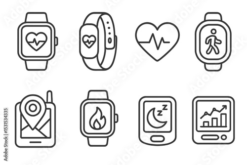 Fitness Tracker Icons. Line style icons of fitness tracking devices: smart watch, fitness band, heart sensor, pedometer, GPS