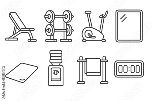 Home Gym Essentials. Line style icons of home gym setup: adjustable bench, weight rack, cardio machine, wall mirror, floor mat,