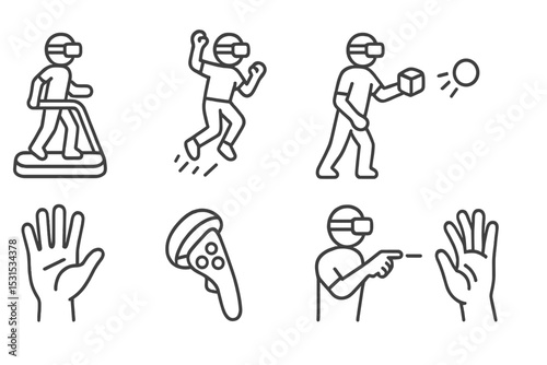 VR Interaction Line Icons. Line style icons of VR motion and interaction: walk simulator, jump action, grab object, throw motion,