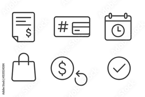 Transaction Icon Set. Line style icons of transaction details: invoice icon, transaction ID, payment method, date stamp, merchant