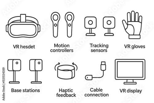 Virtual Reality Icons. Line style icons of virtual reality devices: VR headset, motion controllers, tracking sensors, VR gloves,