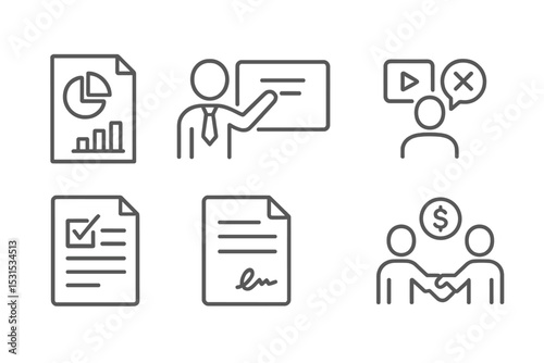 Sales Icons Collection. Line style icons for sales enablement: sales deck, pitch, product demo, objection handling, proposal,