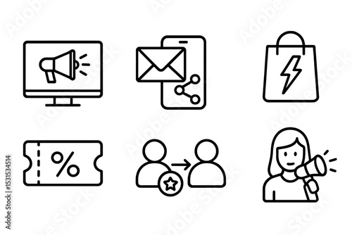 Marketing Icons. Line style icons for marketing and promotion: banner ad, email blast, social media share, flash sale, coupon code
