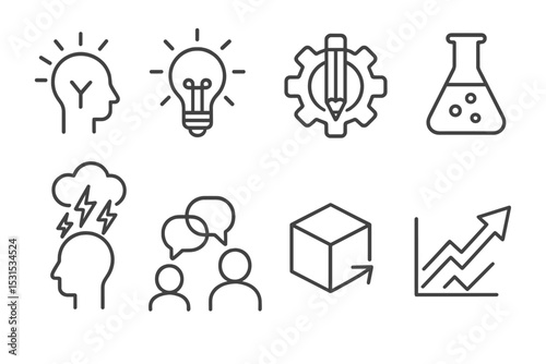 Innovation Icons. Line style icons for innovation and creativity: idea spark, light bulb, creative process, experimentation,