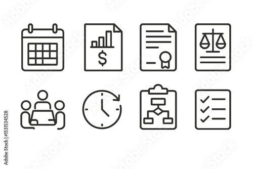 Business Icons Line Art. Line style icons for business operations: calendar, finance report, contract, legal document, meeting