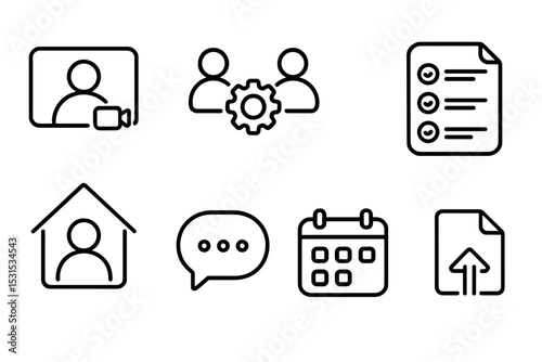 Remote Work Icons. Line style icons for remote work: video call, collaboration tools, cloud storage, task manager, virtual office,