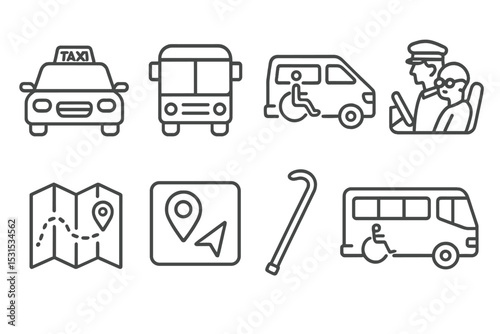 Elderly Transportation Icons. Line style icons for elderly transportation: taxi, bus, paratransit vehicle, driver assistance,