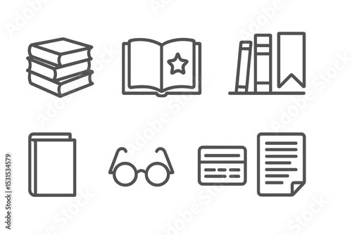 Book Collecting Icons. Line style icons for book collecting: book stack, rare book, bookshelf, bookmark, dust jacket, reading