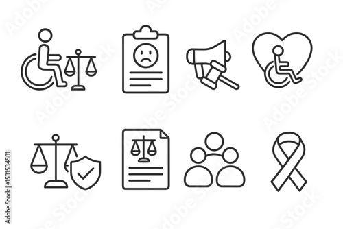 Legal Rights Icons. Line style icons for legal rights: accessibility law, complaint form, advocacy, disability rights, legal aid,