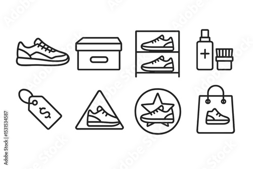 Sneaker Collecting Icons. Line style icons for sneaker collecting: sneaker, shoebox, display rack, cleaning kit, price tag,