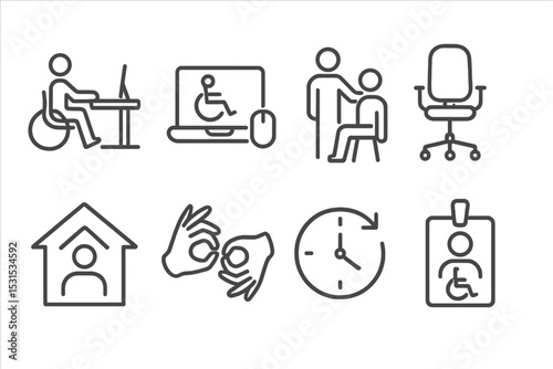 Employment Support Icons. Line style icons for employment support: accessible workspace, assistive tech, job coach, ergonomic