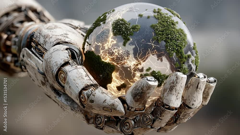 A futuristic robotic hand cradling the Earth, highlighting its greenery