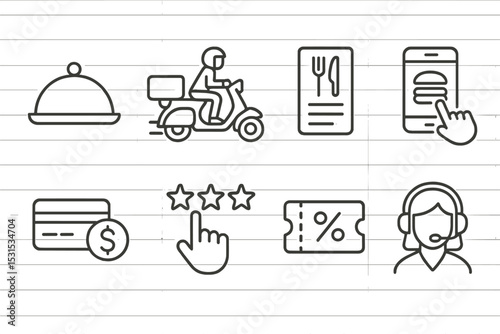 Food Delivery Icons. Line style icons for food delivery apps: food tray, delivery scooter, menu, order, payment, rating, coupon,