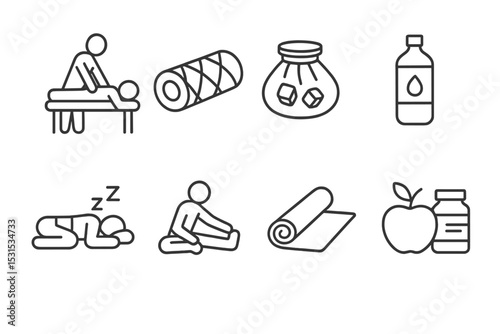 Sports Recovery Icons. Line style icons for sports recovery: massage, foam roller, ice pack, hydration, rest, stretching, yoga mat