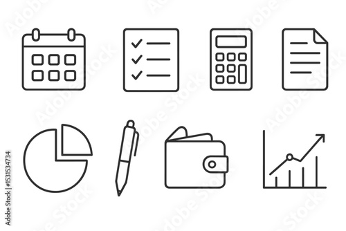 Financial Planning Icons. Line style icons for financial planning: calendar, checklist, calculator, document, pie chart, pen,