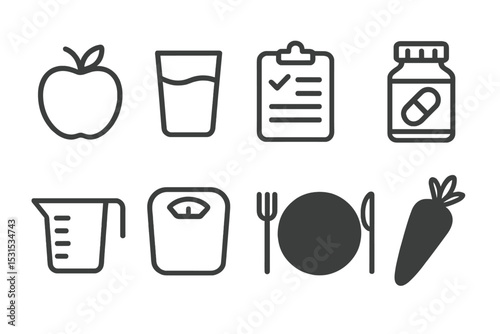 Nutrition Line Icons. Line style icons for nutrition: apple, water glass, diet plan, vitamin bottle, measuring cup, scale, healthy