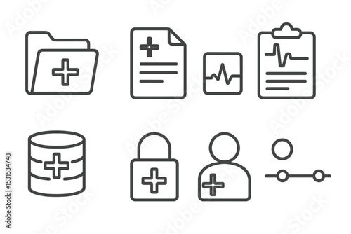 Medical Icons Collection. Line style icons for medical records: file folder, document, chart, clipboard, database, lock, user