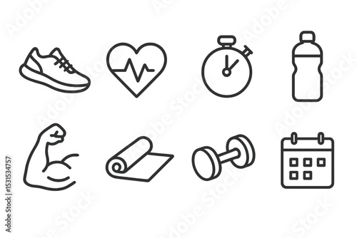 Fitness Tracking Icons. Line style icons for fitness tracking: running shoe, heart rate, stopwatch, water bottle, muscle arm, yoga