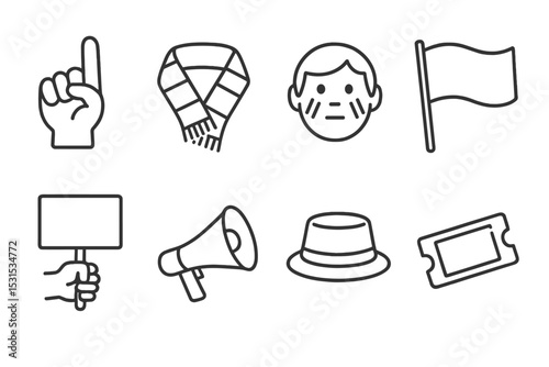 Fan Accessories Icons. Line style icons for fans: foam finger, scarf, face paint, flag, cheer sign, megaphone, hat, ticket. No