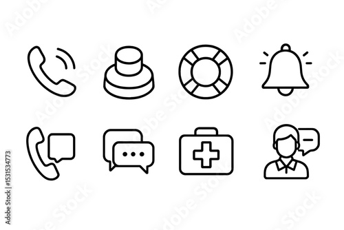 Crisis Help Icons. Line style icons for crisis help: emergency phone, SOS button, lifebuoy, alert bell, hotline, chat support,